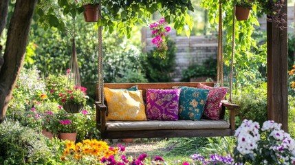 Obraz premium Charming backyard garden nook with a wooden swing, colorful cushions, and a rustic