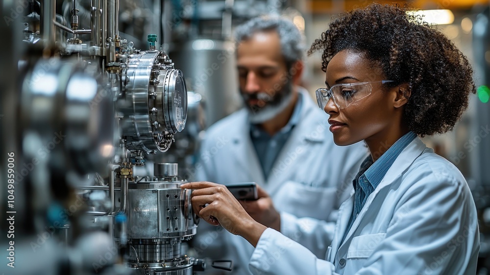 Poster two professionals in lab coats operate machinery in a modern laboratory, focusing on a complex appar