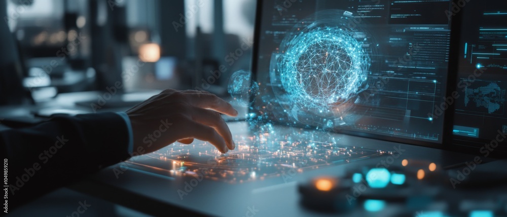Poster futuristic workspace with a professional interacting with a holographic interface, showcasing advanc