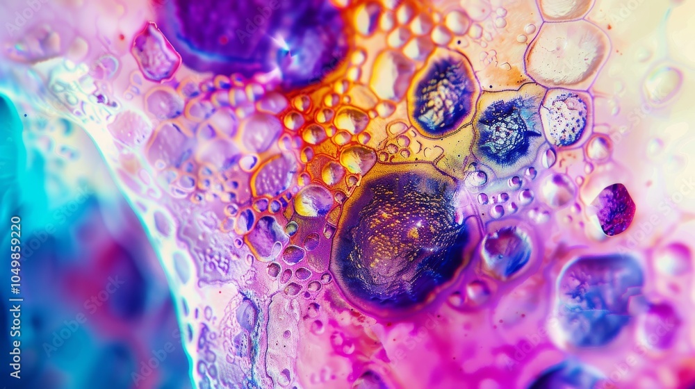 Poster a close-up of a human cell under a microscope with vibrant colors, macro shot, minimalist style