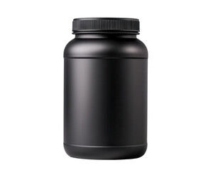 Black container with a lid, ideal for storing protein powder or supplements, isolated on a white background.