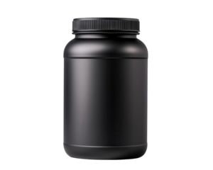 Black container with a lid, ideal for storing protein powder or supplements, isolated on a white background.