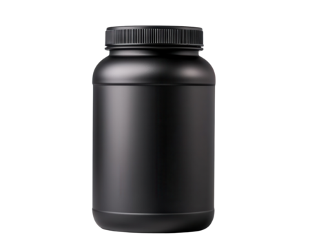 Black container with a lid, ideal for storing protein powder or supplements, isolated on a white background.