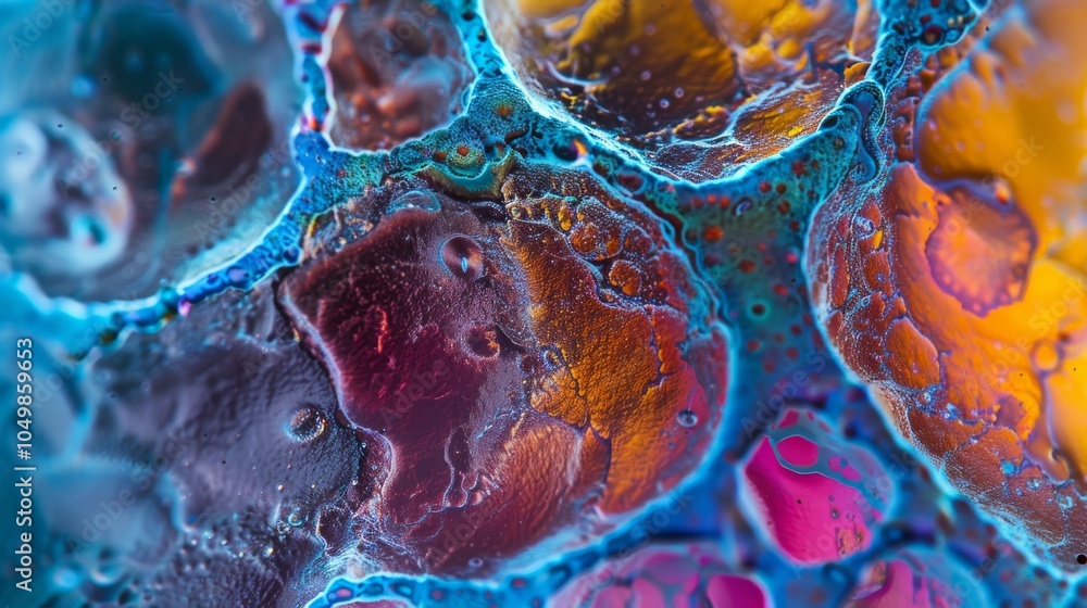 Poster a close-up of a human cell under a microscope with vibrant colors, macro shot, minimalist style