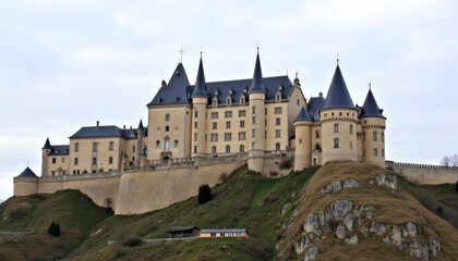 Fototapeta premium Elegant castle perched atop a verdant hill under a serene sky