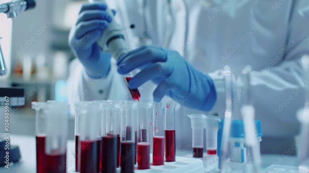Poster a close-up of a lab technician analyzing blood samples with focus on the blood tubes and lab instrum