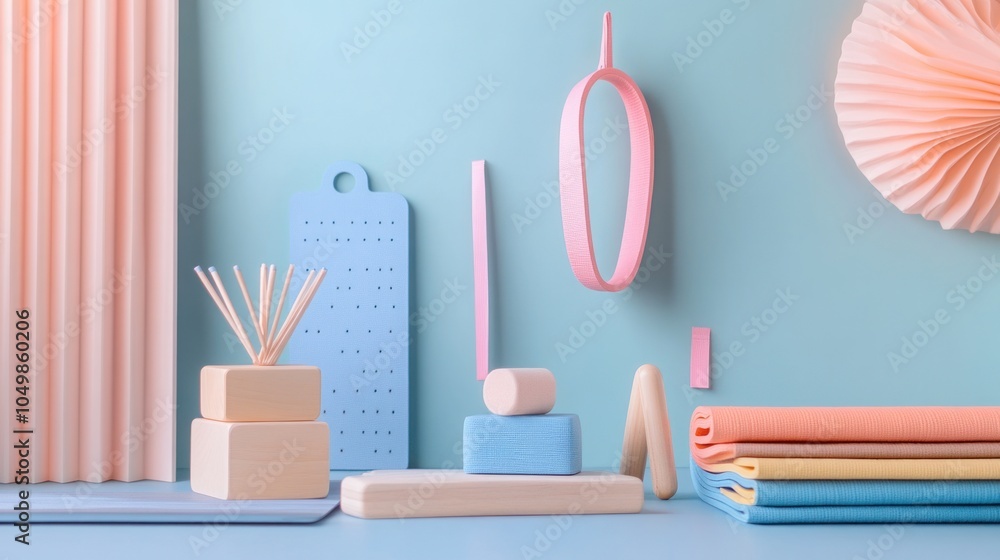 Poster pastel-colored abstract shapes and objects on a blue background.