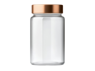 Clear glass jar with a copper-colored lid, perfect for storage and organization.