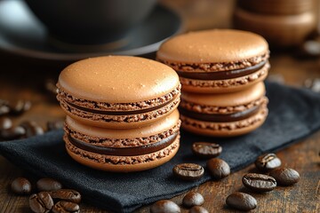 A plate of four chocolate covered macarons with a black cloth underneath