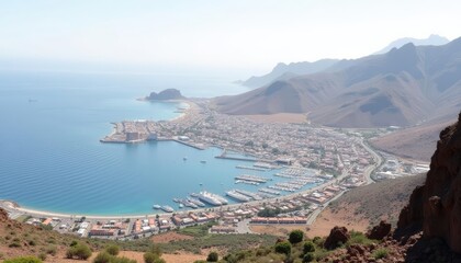 Naklejka premium A serene coastal town nestled between the mountains and the sea