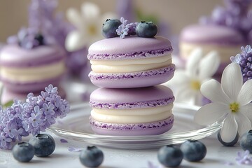 A plate of two purple macarons with blueberries on top