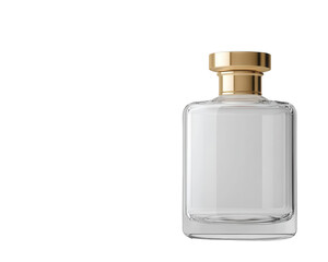 Elegant glass perfume bottle with golden cap on white isolated background.