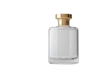 Elegant glass perfume bottle with golden cap on white isolated background.