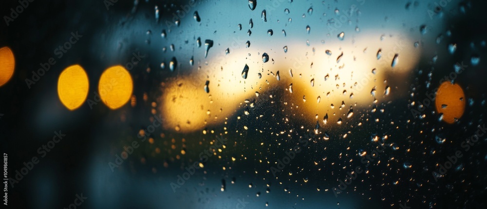 Aufkleber raindrops on a windowpane at dusk, capturing warm bokeh lights and a serene atmosphere, perfect for 