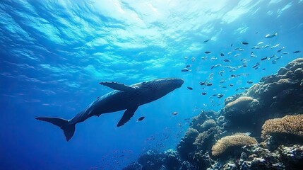 Fototapeta premium Majestic Whale Swimming Through Coral Reef