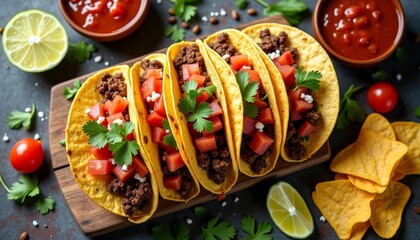  Delicious Mexican feast with tacos salsa and chips