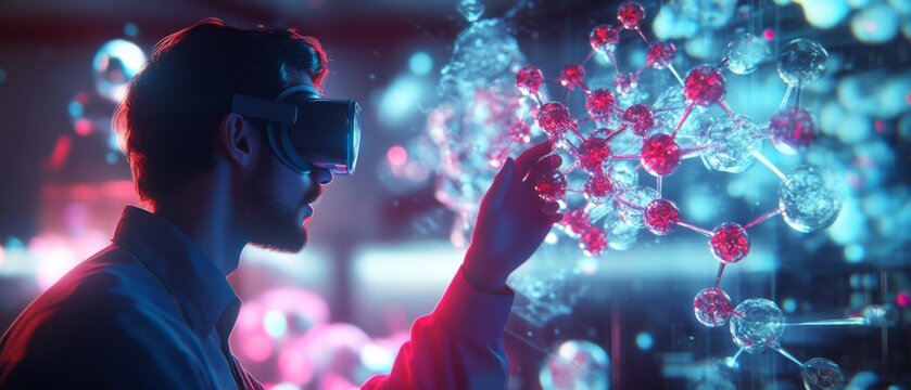 Scientist in VR Goggles Exploring Molecular Structures: A Fusion of Technology and Chemistry in a Futuristic Laboratory Environment