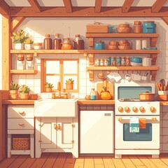 Cozy Kitchen Illustration with Sunlight Streaming Through Window