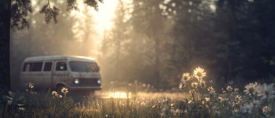 Serene Morning in the Forest: Vintage Camper Van Illuminated by Golden Sunlight Amidst Wildflowers and Lush Greenery