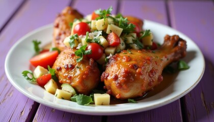 Fototapeta premium Delicious grilled chicken with a fresh salad on a purple table