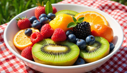 A vibrant assortment of fresh fruits including kiwi, raspberries, blueberries, and citrus is arranged beautifully in a bowl on a picnic blanket in sunny outdoor surroundings