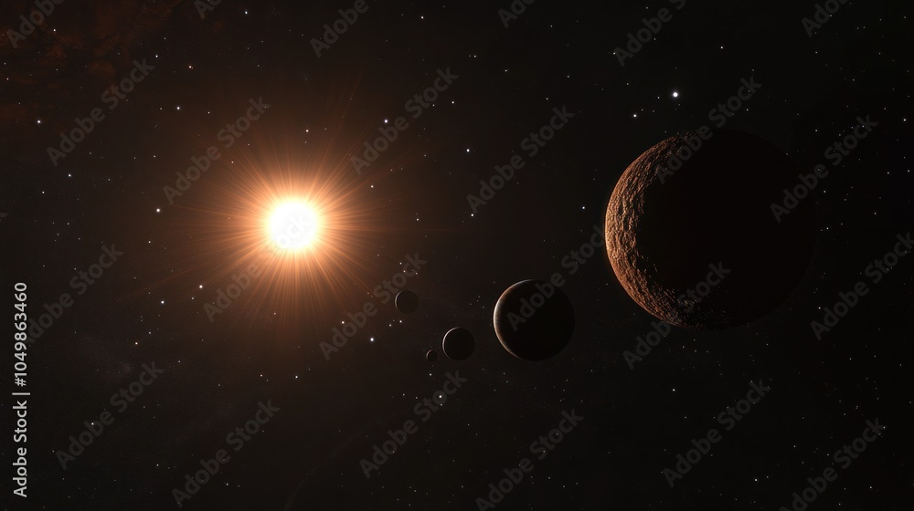 Poster a bright star shines in the dark space with a group of planets orbiting it.