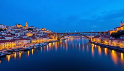 Obraz premium Glowing cityscape at dusk with bridge and river reflecting lights