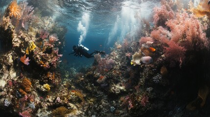 Obraz premium Underwater Diver Exploring Vibrant Coral Reef