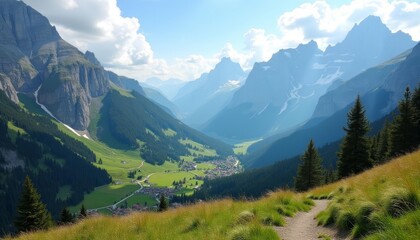Fototapeta premium Epic mountain vista with winding road and lush valley