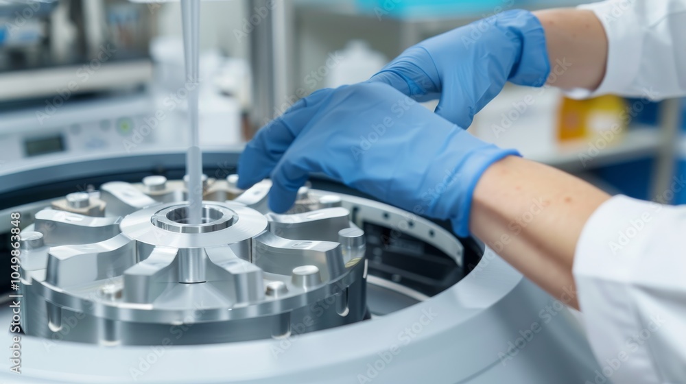 Fototapete A close-up of a medical lab technician analyzing a sample in a centrifuge with a clean, well-organized lab background, macro shot