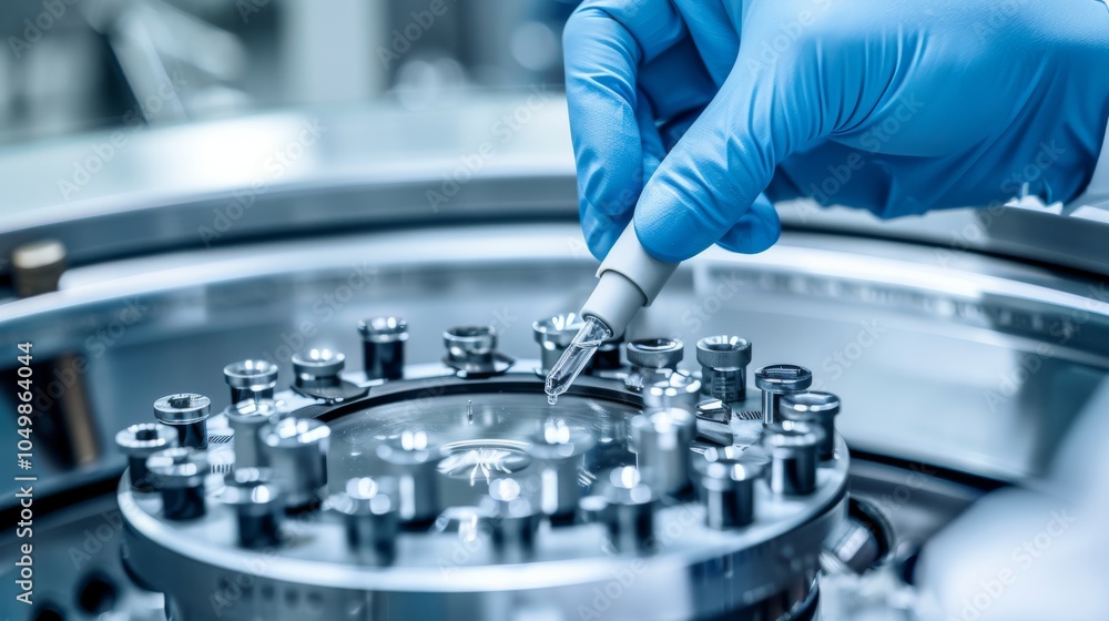 Poster A close-up of a medical lab technician analyzing a sample in a centrifuge with a clean, well-organized lab background, macro shot