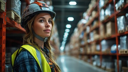 A confident woman in a safety helmet and vest stands in a warehouse, surrounded by shelves filled with boxes, showcasing an industrial work environment.