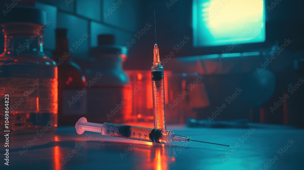 Poster two syringes on a table in a dimly lit room with bottles of liquid in the background.