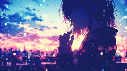 Obraz premium Anime girl looking at the sunset with city lights in the background.