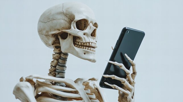 human skeleton looking at cell phone, concept of phone addiction