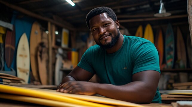 A smiling man in a green t-shirt sits at a workbench with unfinished surfboards behind him.
