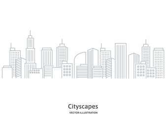 高層ビルが建ち並ぶ都市風景の線画イラスト © TAKAO