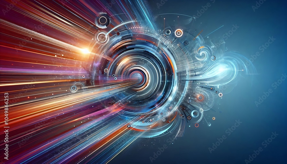 Poster futuristic vortex with colorful light trails and digital elements, creating a sense of motion and en