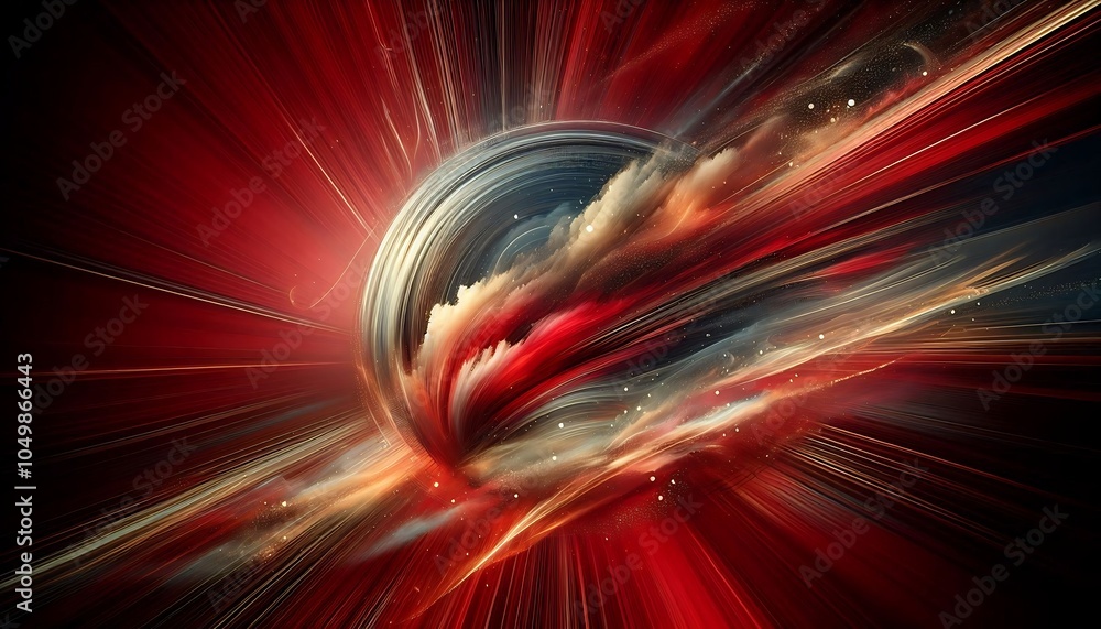 Poster red cosmic swirl with dynamic clouds and light rays, creating an intense energy burst effect