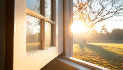 Fototapeta premium Sunlight Shining Through Open Window with Autumn View