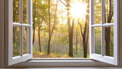 Fototapeta premium Sunlight Shining Through Open Window with Autumn View