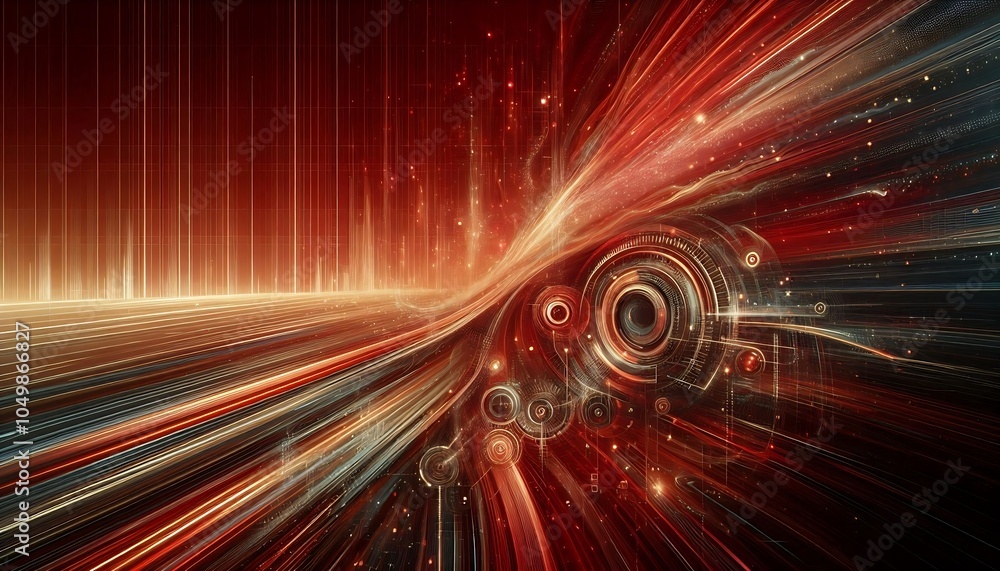 Poster red and gold digital vortex with dynamic lines and glowing circles, creating a futuristic energy flo