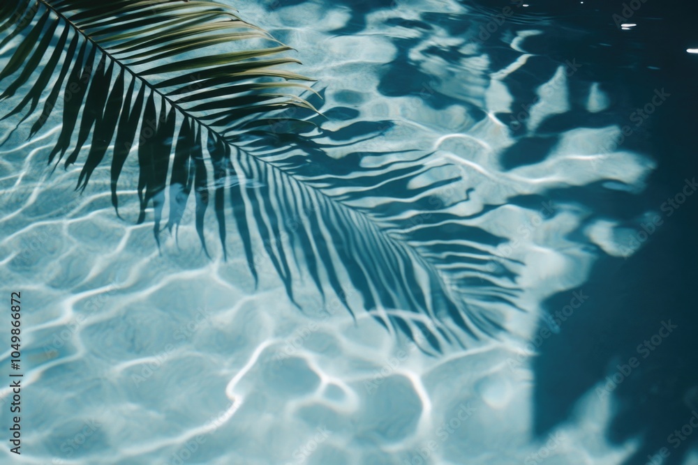 Poster leaf is floating in the water, creating a shadow on the surface. the water is calm and clear, reflec