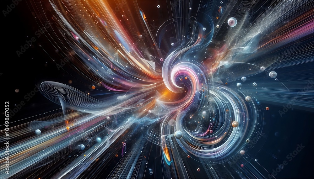 Poster colorful cosmic swirl with dynamic light trails and particles, creating a sense of motion and energy