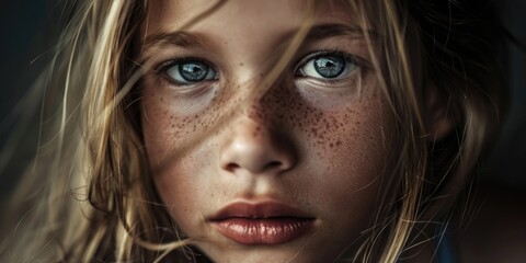 Young girl with blue eyes and blonde hair. She has a light brown spot on her nose