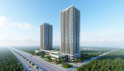 Obraz premium Modern architectural marvel in a serene treelined setting