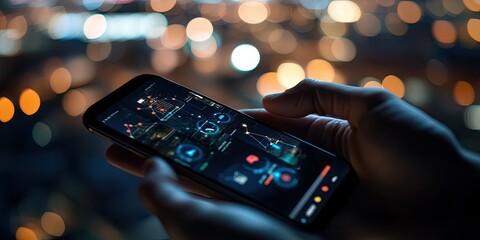 Hands holding a smartphone displaying illuminated data charts in a dimly lit room, symbolizing business progress and technological advancements.