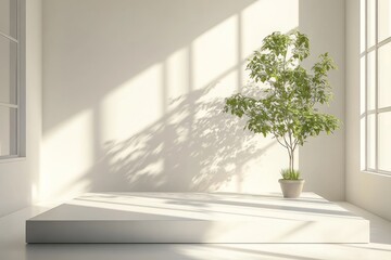 White Platform With Sunlight and Plant in a Minimalist Room