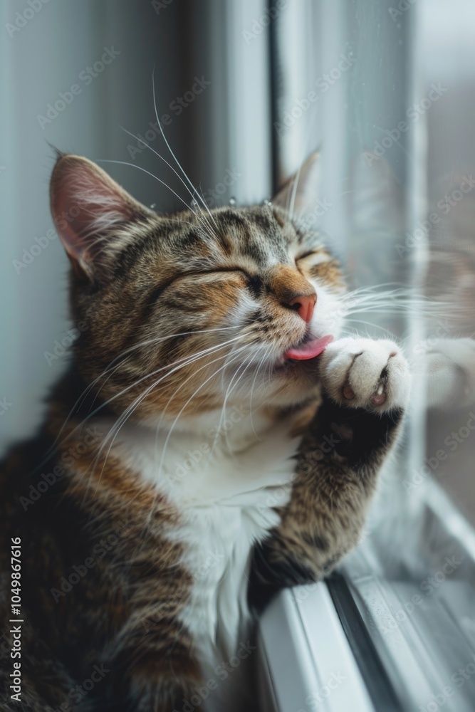 Poster cat is licking its paw in front of a window. the cat appears to be relaxed and content