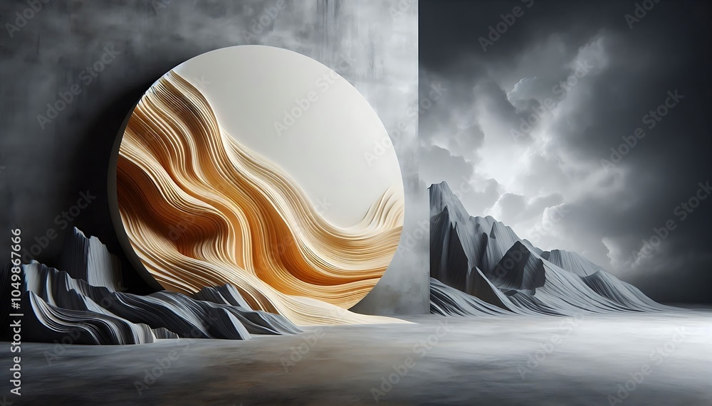 Poster surreal scene with a circular abstract sculpture of layered waves, set against a dramatic landscape 
